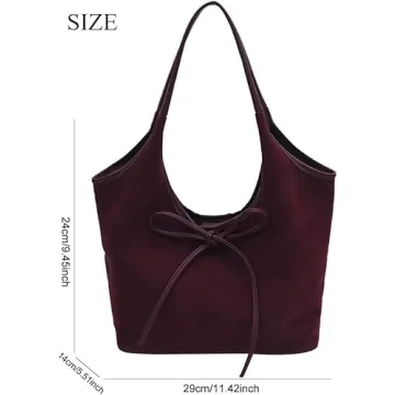 TYATVS Bow Suede Tote Bag for Women Brown Suede Bucket Tote Bag Burgundy Suede Work Tote Bag with Bow (Burgundy)