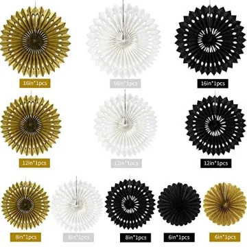 Stunning Black Gold White Honeycomb Paper Fans for Parties