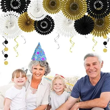 Stunning Black Gold White Honeycomb Paper Fans for Parties
