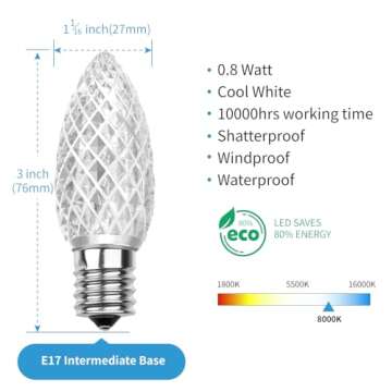 Meconard C9 LED Replacement Christmas Light Bulbs - Shatterproof, Indoor/Outdoor, E17 Base - 25 Pack...