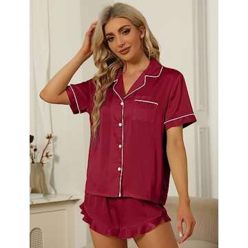 SAPJON Satin Silk Pajamas for Women 2Pcs Ruffle Notch Collar Sleepwear Button Down Short Sleeve Shorts Pjs Set Loungewear Wine Red