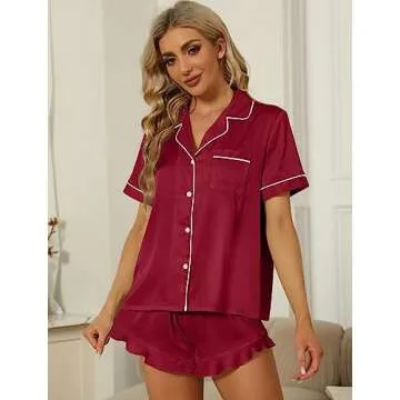 SAPJON Satin Silk Pajamas for Women 2Pcs Ruffle Notch Collar Sleepwear Button Down Short Sleeve Shorts Pjs Set Loungewear Wine Red