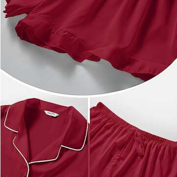 SAPJON Satin Silk Pajamas for Women 2Pcs Ruffle Notch Collar Sleepwear Button Down Short Sleeve Shorts Pjs Set Loungewear Wine Red