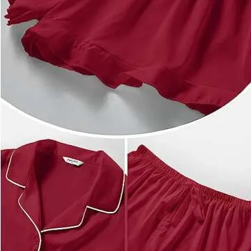 SAPJON Satin Silk Pajamas for Women 2Pcs Ruffle Notch Collar Sleepwear Button Down Short Sleeve Shorts Pjs Set Loungewear Wine Red