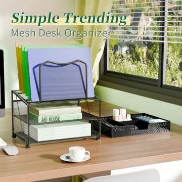 Simple Trending Mesh Desk Organizer with Sliding Drawer, Double Tray with 5 Sections File Bookshelf, Black