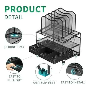 Simple Trending Mesh Desk Organizer with Sliding Drawer, Double Tray with 5 Sections File Bookshelf, Black