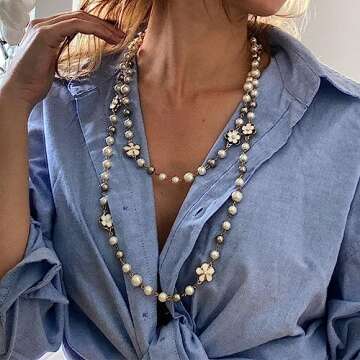 Designer Inspired Long Double Pearl Strand Layered Camellia Flower Pendant Necklace for Women, Daint...