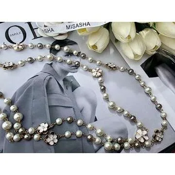 Designer Inspired Long Double Pearl Strand Layered Camellia Flower Pendant Necklace for Women, Dainty Sweater Necklace for Party, Vintage Costume Jewelry (Grey and white pearls)