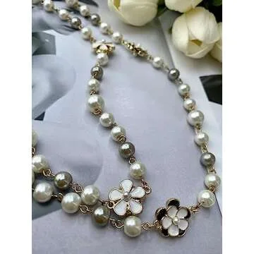 Designer Inspired Long Double Pearl Strand Layered Camellia Flower Pendant Necklace for Women, Dainty Sweater Necklace for Party, Vintage Costume Jewelry (Grey and white pearls)