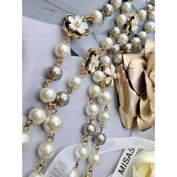 Designer Inspired Long Double Pearl Strand Layered Camellia Flower Pendant Necklace for Women, Dainty Sweater Necklace for Party, Vintage Costume Jewelry (Grey and white pearls)