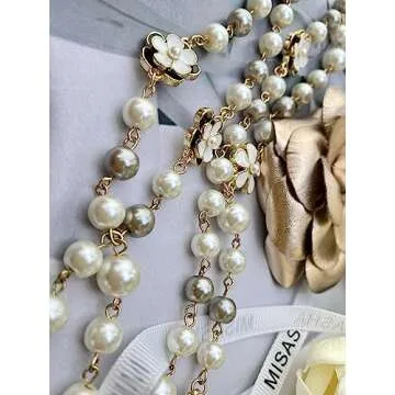Designer Inspired Long Double Pearl Strand Layered Camellia Flower Pendant Necklace for Women, Dainty Sweater Necklace for Party, Vintage Costume Jewelry (Grey and white pearls)
