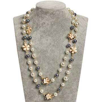 Designer Inspired Long Double Pearl Strand Layered Camellia Flower Pendant Necklace for Women, Dainty Sweater Necklace for Party, Vintage Costume Jewelry (Grey and white pearls)