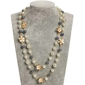 Designer Inspired Long Double Pearl Strand Layered Camellia Flower Pendant Necklace for Women, Dainty Sweater Necklace for Party, Vintage Costume Jewelry (Grey and white pearls)
