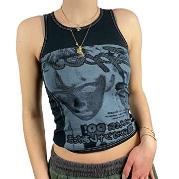 Women Face Portrait Print Y2K Tank Top Aesthetic Graphic Print E-Girl Camis Sleeveless Slim Vest Cro...