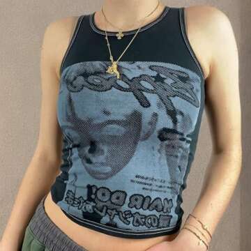 Women Face Portrait Print Y2K Tank Top Aesthetic Graphic Print E-Girl Camis Sleeveless Slim Vest Crop Top Streetwear (F-Black,S)