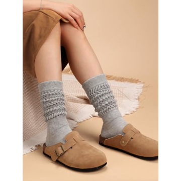 Forwe 3 Pairs Slouch Socks for Women Size 9-11 Black White Grey Soft Extra Long Scrunch Knee High Boot Socks (3 pcs-Black Grey White)