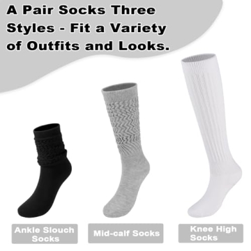 Forwe 3 Pairs Slouch Socks for Women Size 9-11 Black White Grey Soft Extra Long Scrunch Knee High Boot Socks (3 pcs-Black Grey White)