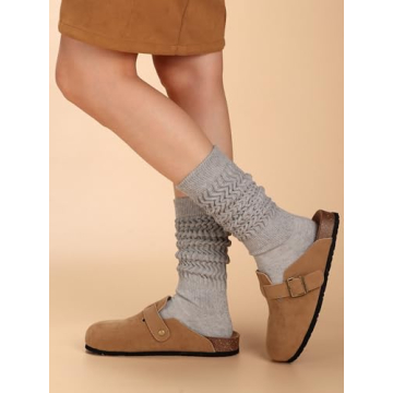 Forwe 3 Pairs Slouch Socks for Women Size 9-11 Black White Grey Soft Extra Long Scrunch Knee High Boot Socks (3 pcs-Black Grey White)