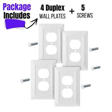Bates- Classic Beadboard Single Duplex Wall Plate, 4 Pack, White Outlet Covers, Outlet Wall Plate, O...