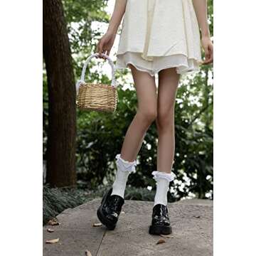 SEMOHOLLI Women Ruffle Socks for mid-calf, Lace Ruffle Frilly Comfortable Cotton Socks Princess Socks (3 Pairs-white)