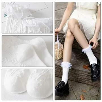 SEMOHOLLI Women Ruffle Socks for mid-calf, Lace Ruffle Frilly Comfortable Cotton Socks Princess Socks (3 Pairs-white)