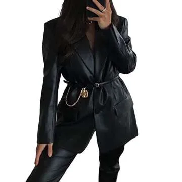 Argeousgor Womens Faux Leather Jacket Shacket Long Sleeve Oversized Blazer Button Down Pocket Solid Coat Vintage Outerwear(A-black,S)