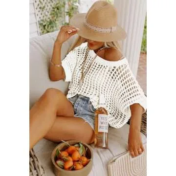 Dokotoo Womens 2025 Summer Crochet Hollow Out Short Sleeve Sweaters Tops Spring Off Shoulder Pullove...