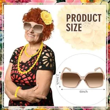 8 Pcs Women Curly Red Orange Wig and Glasses Necklace Earrings Jewelry Set Landlady Costume for Halloween Cosplay Party (Style1)