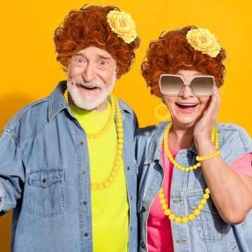 8 Pcs Women Curly Red Orange Wig and Glasses Necklace Earrings Jewelry Set Landlady Costume for Halloween Cosplay Party (Style1)