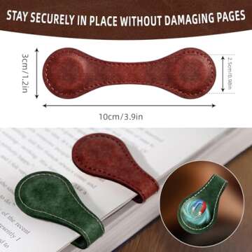 Set of 3 Magnetic Bookmarks, Vintage Genuine Leather Book Marks for Reading, Magnetic Page Clips Boo...