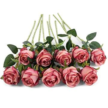 Flojery 10pcs Artificial Rose Flowers Long Stem Fake Silk Roses for DIY Wedding Bouquet Table Center...