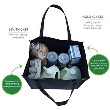 Reusable Grocery Bags (5 Pack, Black) - Hold 40+ lbs - Extra Large & Super Strong, Heavy Duty Shopping Bags – Grocery Tote Bag with Reinforced Handles & Thick Plastic Bottom for Strength