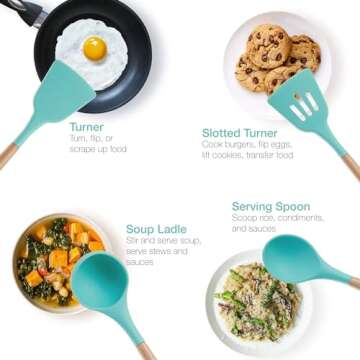 Asani Silicone Kitchen Cooking Utensils Set with Wooden Bamboo Handles (11 Piece) | BONUS Cup | Durable Cookware Tools | BPA-Free, Non-Stick Safe, Non-Toxic | Include Tongs, Spatula, Turner, Ladle