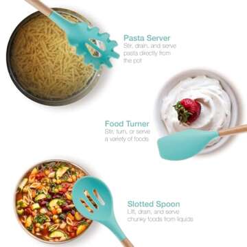 Asani Silicone Kitchen Cooking Utensils Set with Wooden Bamboo Handles (11 Piece) | BONUS Cup | Durable Cookware Tools | BPA-Free, Non-Stick Safe, Non-Toxic | Include Tongs, Spatula, Turner, Ladle