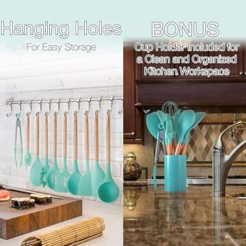 Asani Silicone Kitchen Cooking Utensils Set with Wooden Bamboo Handles (11 Piece) | BONUS Cup | Durable Cookware Tools | BPA-Free, Non-Stick Safe, Non-Toxic | Include Tongs, Spatula, Turner, Ladle