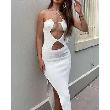 Women Hollow Out Long Spaghetti Strap Dresses Cutout Bodycon Maxi Halter Dress Sexy Backless Party Dress Clubwear B-White
