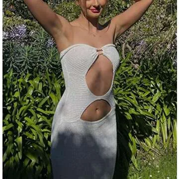 Women Hollow Out Long Spaghetti Strap Dresses Cutout Bodycon Maxi Halter Dress Sexy Backless Party Dress Clubwear B-White