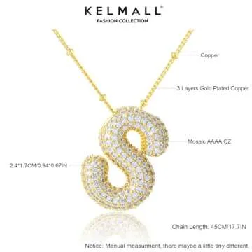KELMALL Cubic Zirconia Bubble Initial Letter Necklace for Women - Elegant Gold Plated A-Z Alphabet Name Pendant Necklace with Rhinestone - Personalized Gift