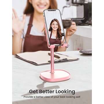LISEN Pink Kitchen Accessories Kawaii Cell Phone Stand for iPhone & Desk Taller and More Photogenic Than Phone Dock Free Your Neck Height Angle Adjustable iPhone Holder Stand Things