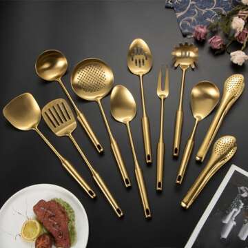 304 Stainlss Steel Matte Kitchen Utensils Set, 11 Pcs Long Metal Cooking Utensil Gadgets Tools Set w...