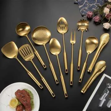 304 Stainlss Steel Matte Kitchen Utensils Set, 11 Pcs Long Metal Cooking Utensil Gadgets Tools Set w...