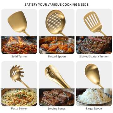 304 Stainlss Steel Matte Kitchen Utensils Set, 11 Pcs Long Metal Cooking Utensil Gadgets Tools Set with Spatula, Spoon, Ladle, Skimmer, Tunner, Pasta Server, Tongs(Gold, Dishwasher Safe)