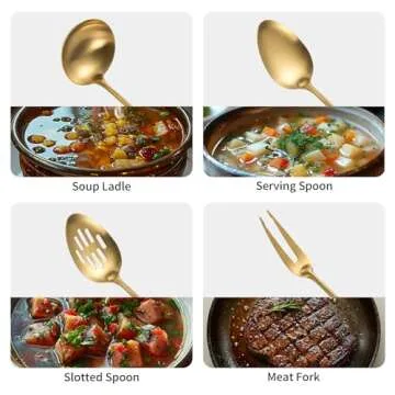 304 Stainlss Steel Matte Kitchen Utensils Set, 11 Pcs Long Metal Cooking Utensil Gadgets Tools Set with Spatula, Spoon, Ladle, Skimmer, Tunner, Pasta Server, Tongs(Gold, Dishwasher Safe)