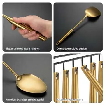 304 Stainlss Steel Matte Kitchen Utensils Set, 11 Pcs Long Metal Cooking Utensil Gadgets Tools Set with Spatula, Spoon, Ladle, Skimmer, Tunner, Pasta Server, Tongs(Gold, Dishwasher Safe)