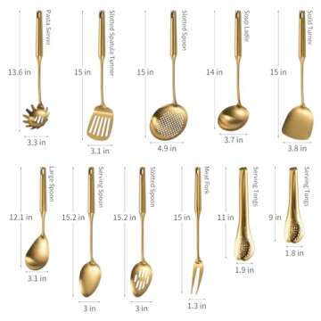 304 Stainlss Steel Matte Kitchen Utensils Set, 11 Pcs Long Metal Cooking Utensil Gadgets Tools Set with Spatula, Spoon, Ladle, Skimmer, Tunner, Pasta Server, Tongs(Gold, Dishwasher Safe)