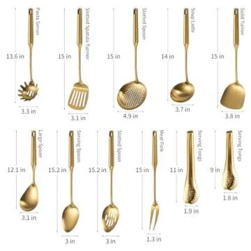 304 Stainlss Steel Matte Kitchen Utensils Set, 11 Pcs Long Metal Cooking Utensil Gadgets Tools Set with Spatula, Spoon, Ladle, Skimmer, Tunner, Pasta Server, Tongs(Gold, Dishwasher Safe)