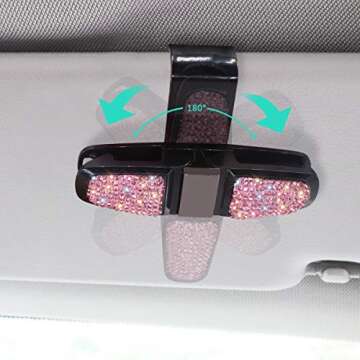 Glasses Holder for Car Visor,Fashion Bling Crystal Rhinestones Car Sun Visor Glasses with Double-Ended Ticket Clip Holder Accessories (Pink)
