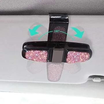 Glasses Holder for Car Visor,Fashion Bling Crystal Rhinestones Car Sun Visor Glasses with Double-Ended Ticket Clip Holder Accessories (Pink)