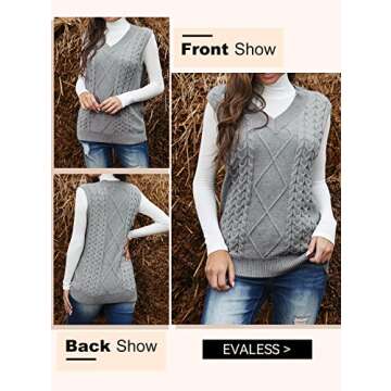 EVALESS Womens Oversized Sweater Vest V Neck Grey Sleeveless Sweaters for Women Cable Knit Solid Color Tops Loose Casual Soft Sweater X-Large