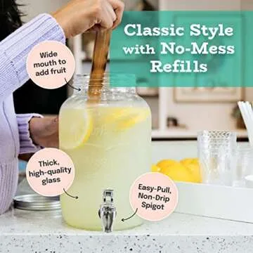 Glass Drink Dispenser for Parties - 1 Gallon Gallon Drink Dispenser - Glass Beverage Dispenser with Spigot, Clear For Parties, Weddings, Sun Tea Jar, Lemonade & Laundry Detergent Dispenser